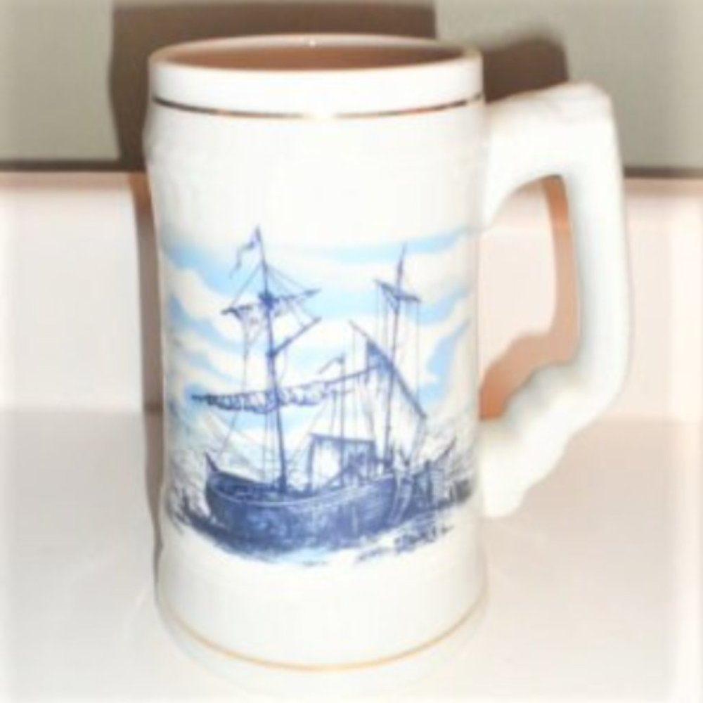 BEER STEIN Signed Tsuji NAUTICAL Boat BEER MUG Industria Argentina Gold Gild